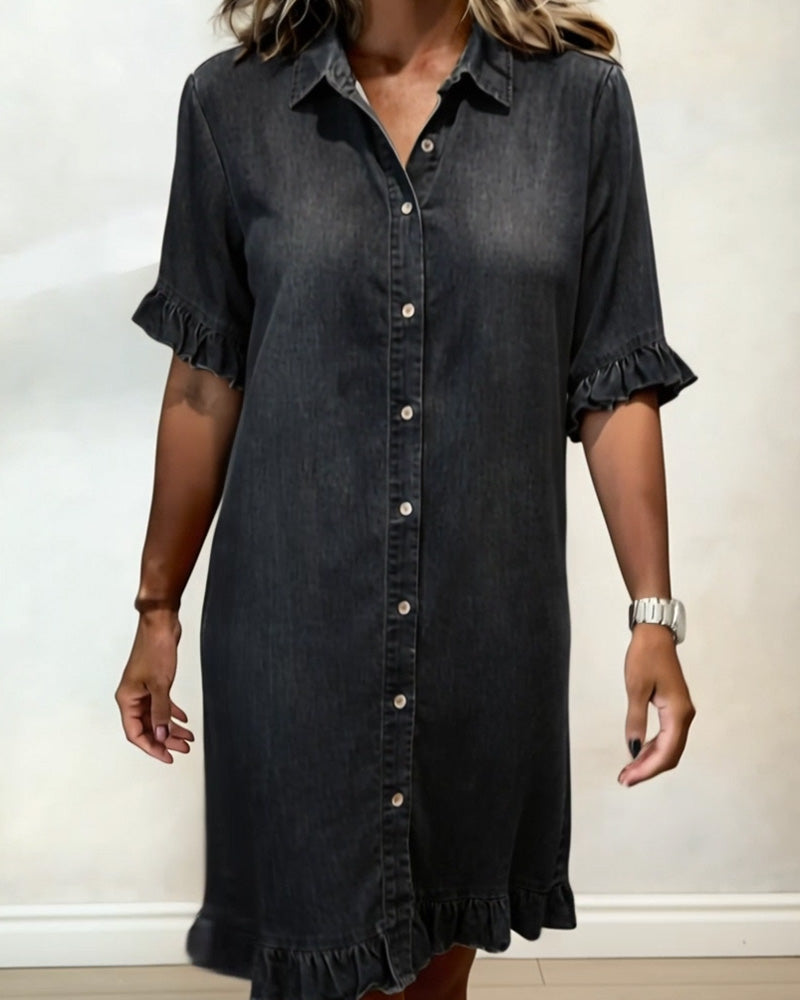 Relaxed Fit Denim Dress Knee Length Ruffled Sleeves