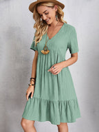 Lightweight V Neck Short Sleeve A Line Dress