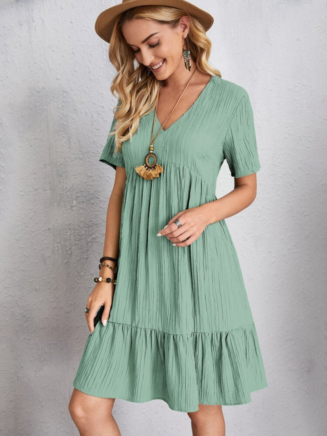 Lightweight V Neck Short Sleeve A Line Dress