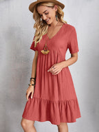 Lightweight V Neck Short Sleeve A Line Dress