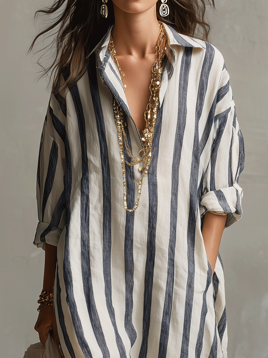 Lightweight Striped Shirt Dress Breathable Loose Fit