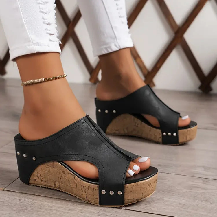 Comfort Wedge Sandals Supportive Stylish Black Leather