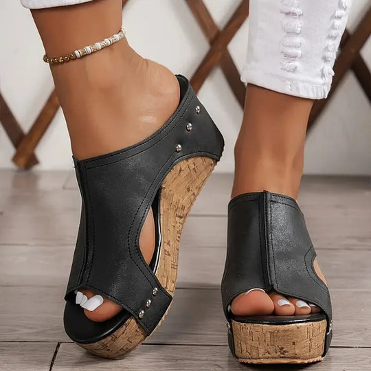 Comfort Wedge Sandals Supportive Stylish Black Leather