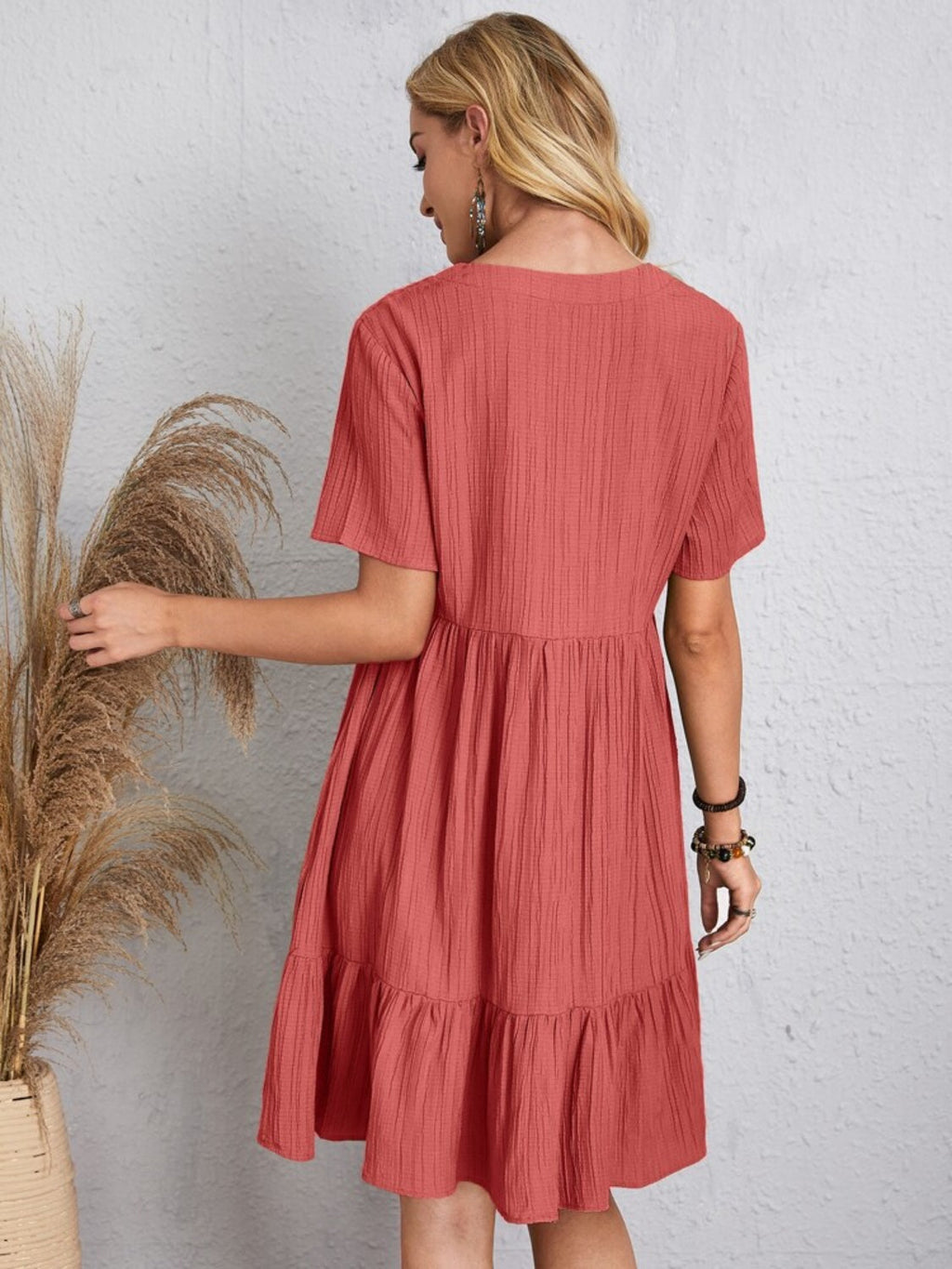 Lightweight V Neck Short Sleeve A Line Dress