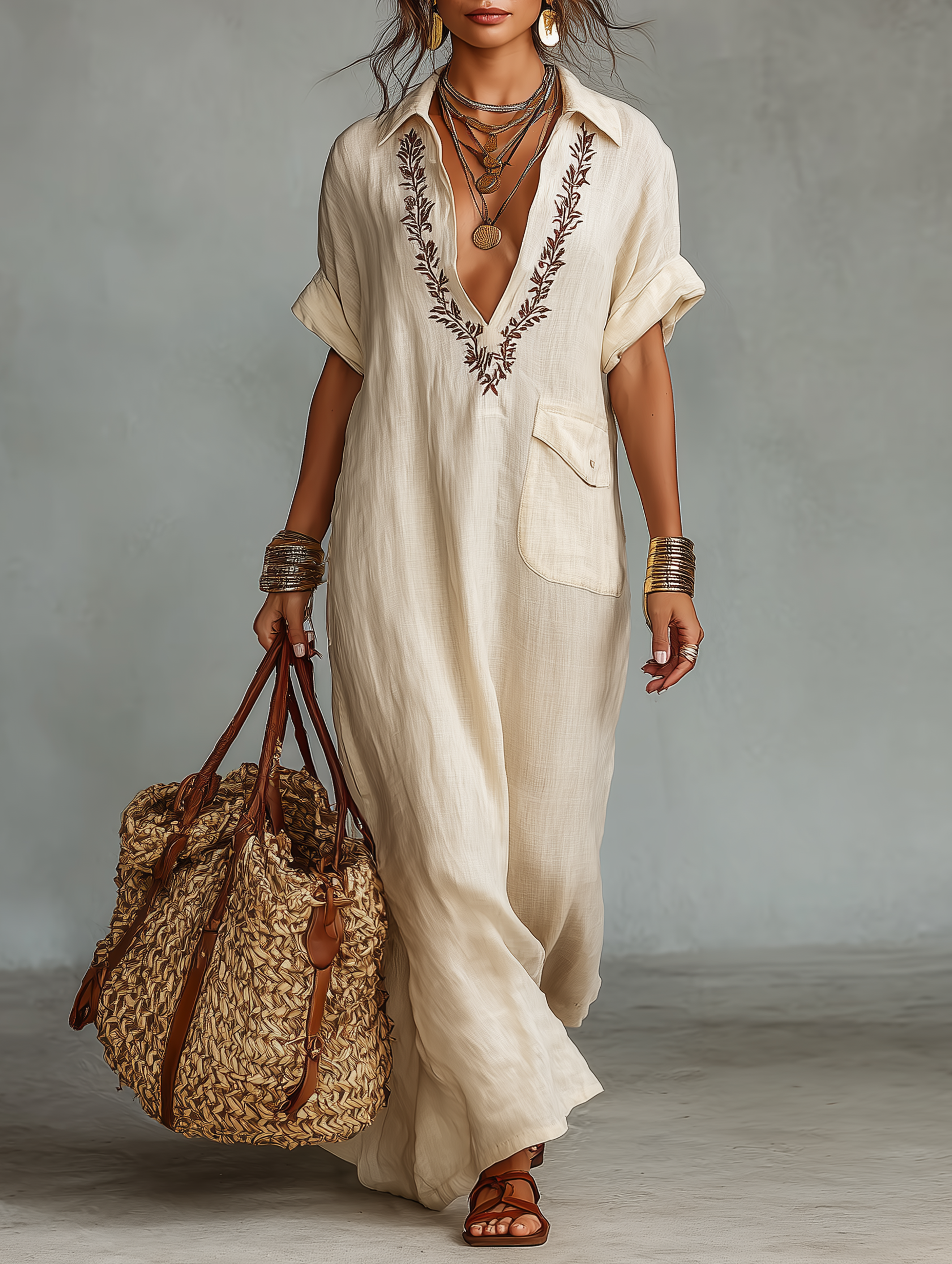 Lightweight Linen Blend Maxi Dress Embroidered Detail