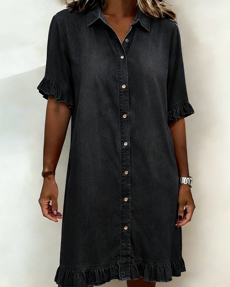 Relaxed Fit Denim Dress Knee Length Ruffled Sleeves