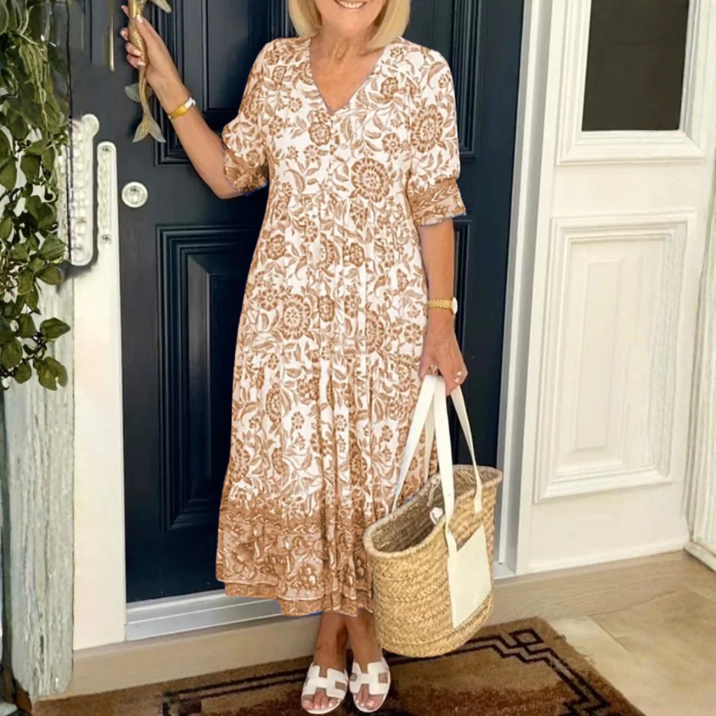 Lightweight Floral Ankle Dress Flowing V Neck