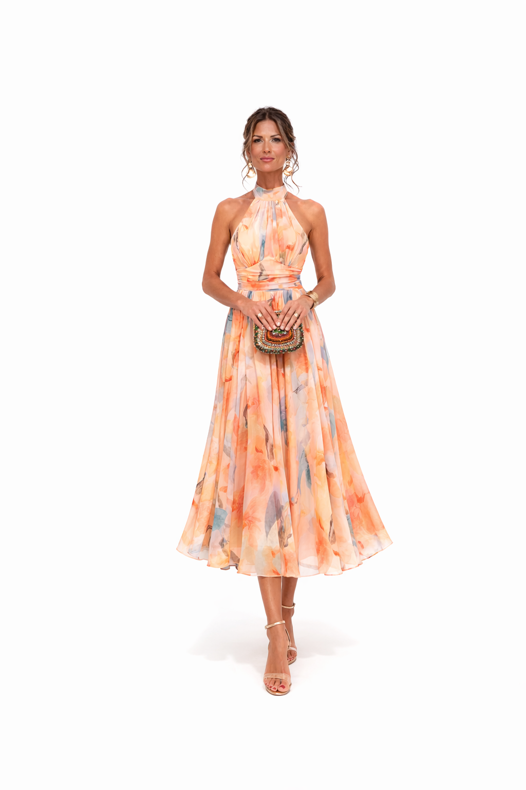 Lightweight Halter Neck Dress Floral Pattern Elegant