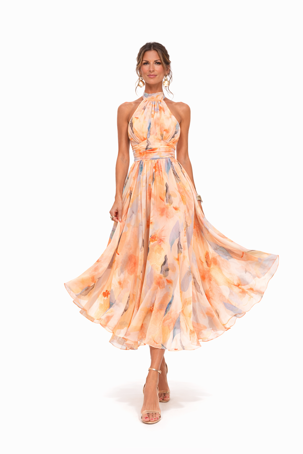 Lightweight Halter Neck Dress Floral Pattern Elegant
