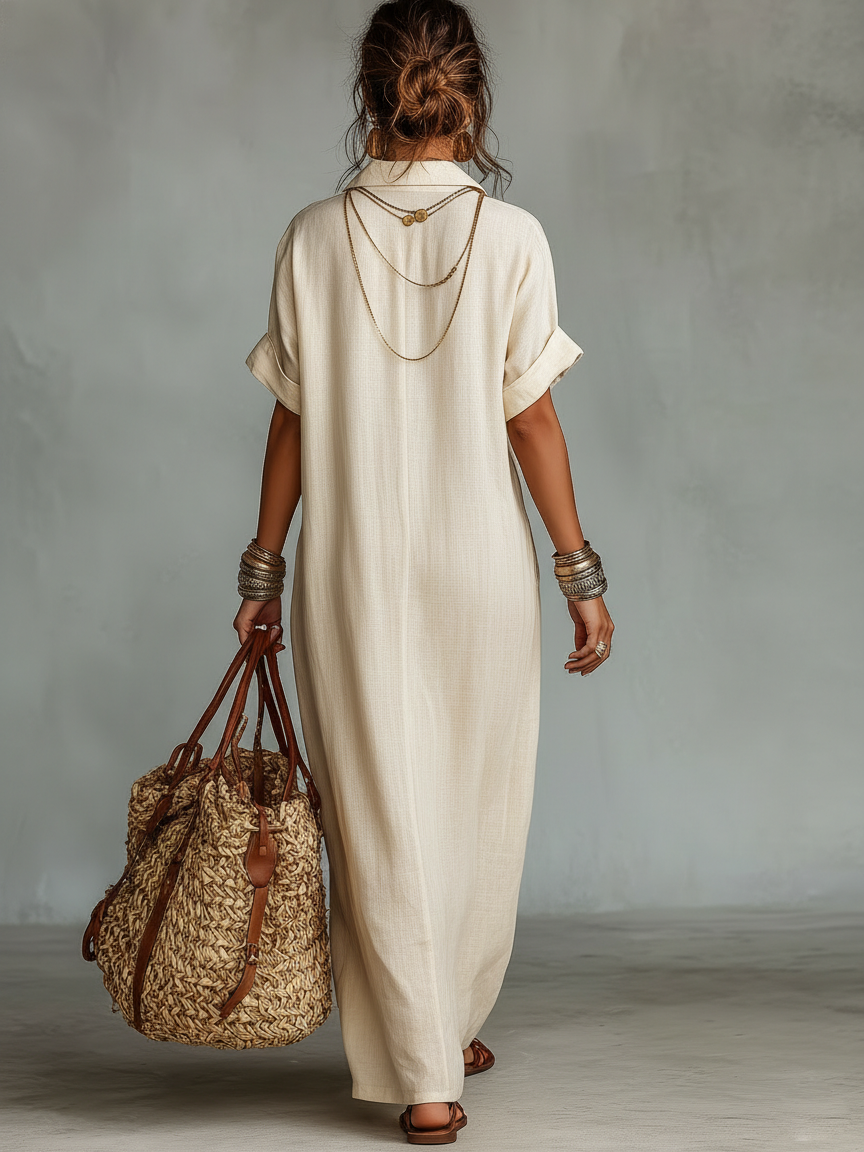 Lightweight Linen Blend Maxi Dress Embroidered Detail