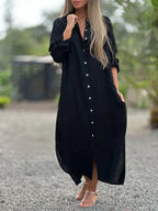 Cotton Linen Long Sleeve Shirt Dress Relaxed Fit