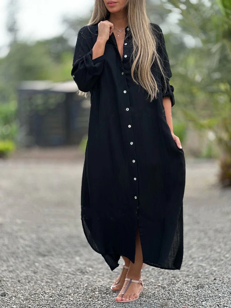 Cotton Linen Long Sleeve Shirt Dress Relaxed Fit