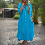 Cotton Linen Long Sleeve Shirt Dress Relaxed Fit