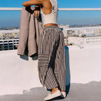 Lightweight Wide Leg Stripe Pants Elastic Waist Drawstring