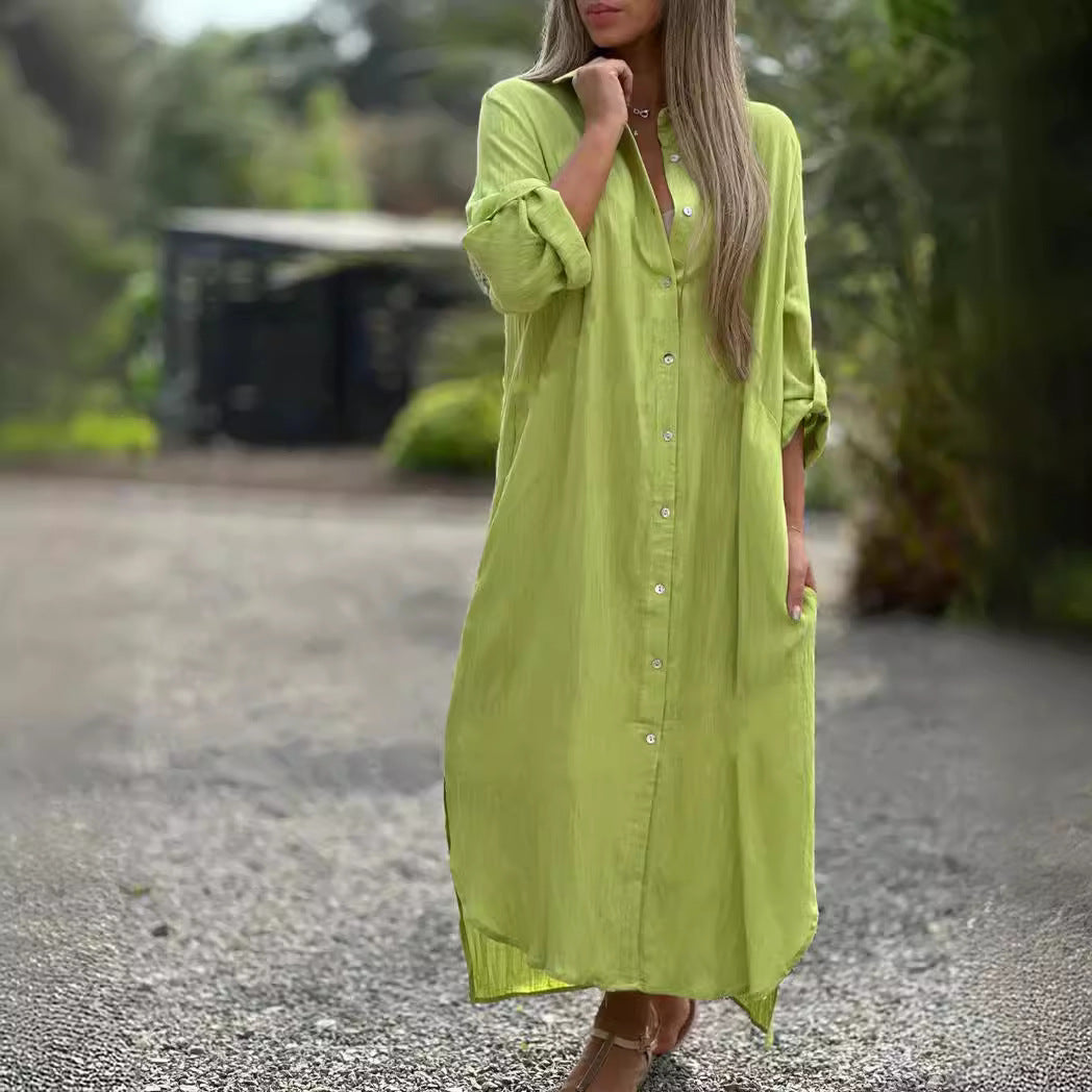 Cotton Linen Long Sleeve Shirt Dress Relaxed Fit
