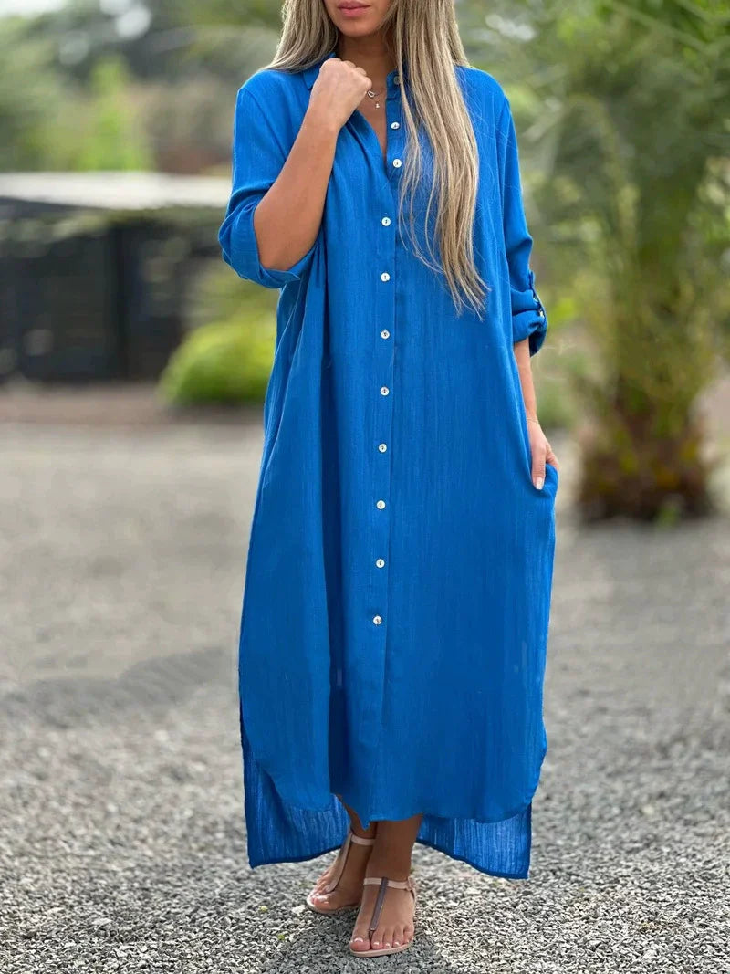 Cotton Linen Long Sleeve Shirt Dress Relaxed Fit