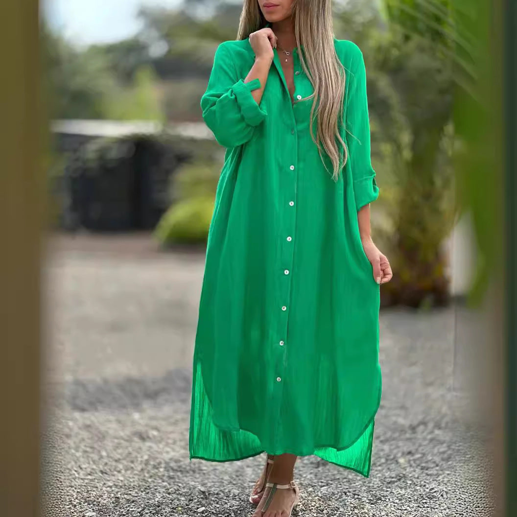 Cotton Linen Long Sleeve Shirt Dress Relaxed Fit