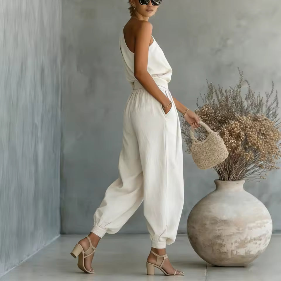 Relaxed Fit Linen Set Asymmetrical Shoulder Detail