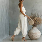 Relaxed Fit Linen Set Asymmetrical Shoulder Detail