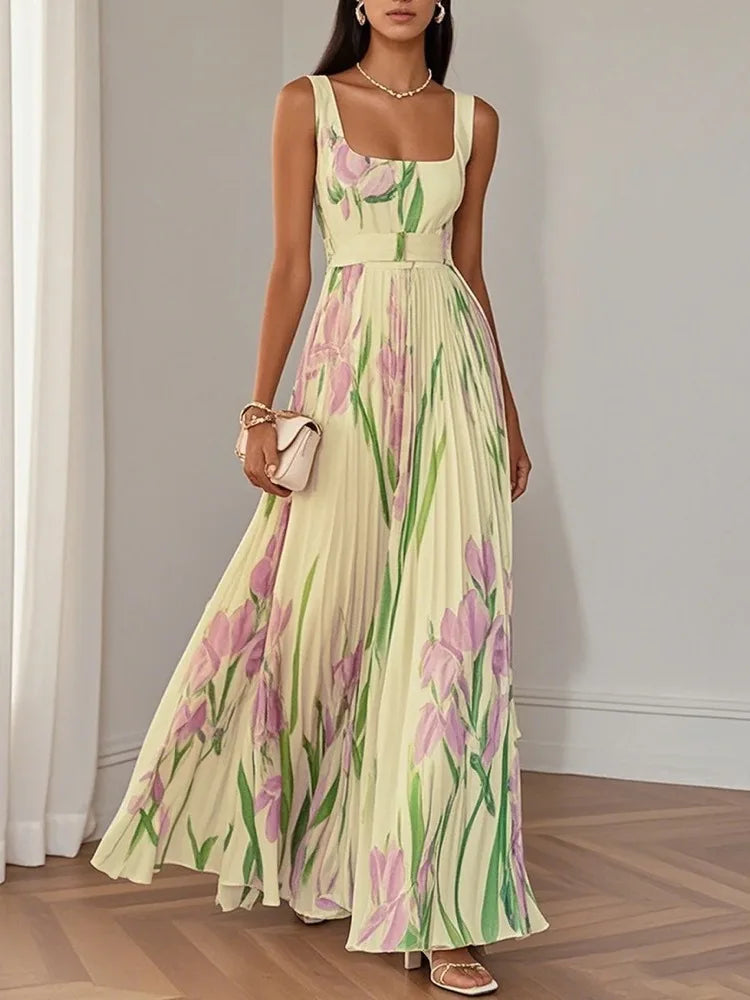 Marie | White Pleated Floral Chiffon Maxi Dress