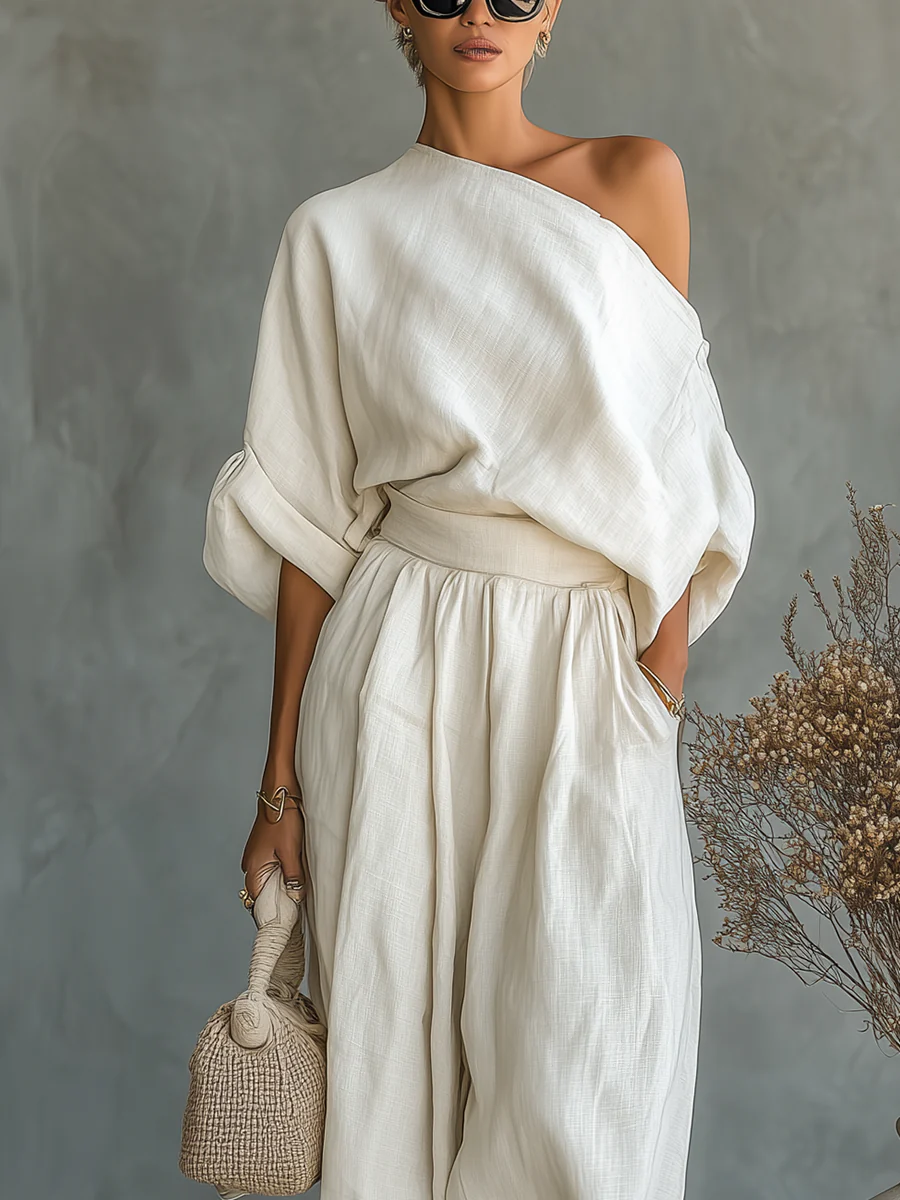 Relaxed Fit Linen Set Asymmetrical Shoulder Detail