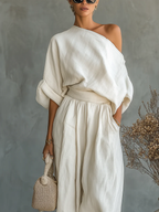 Relaxed Fit Linen Set Asymmetrical Shoulder Detail