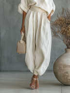 Relaxed Fit Linen Set Asymmetrical Shoulder Detail