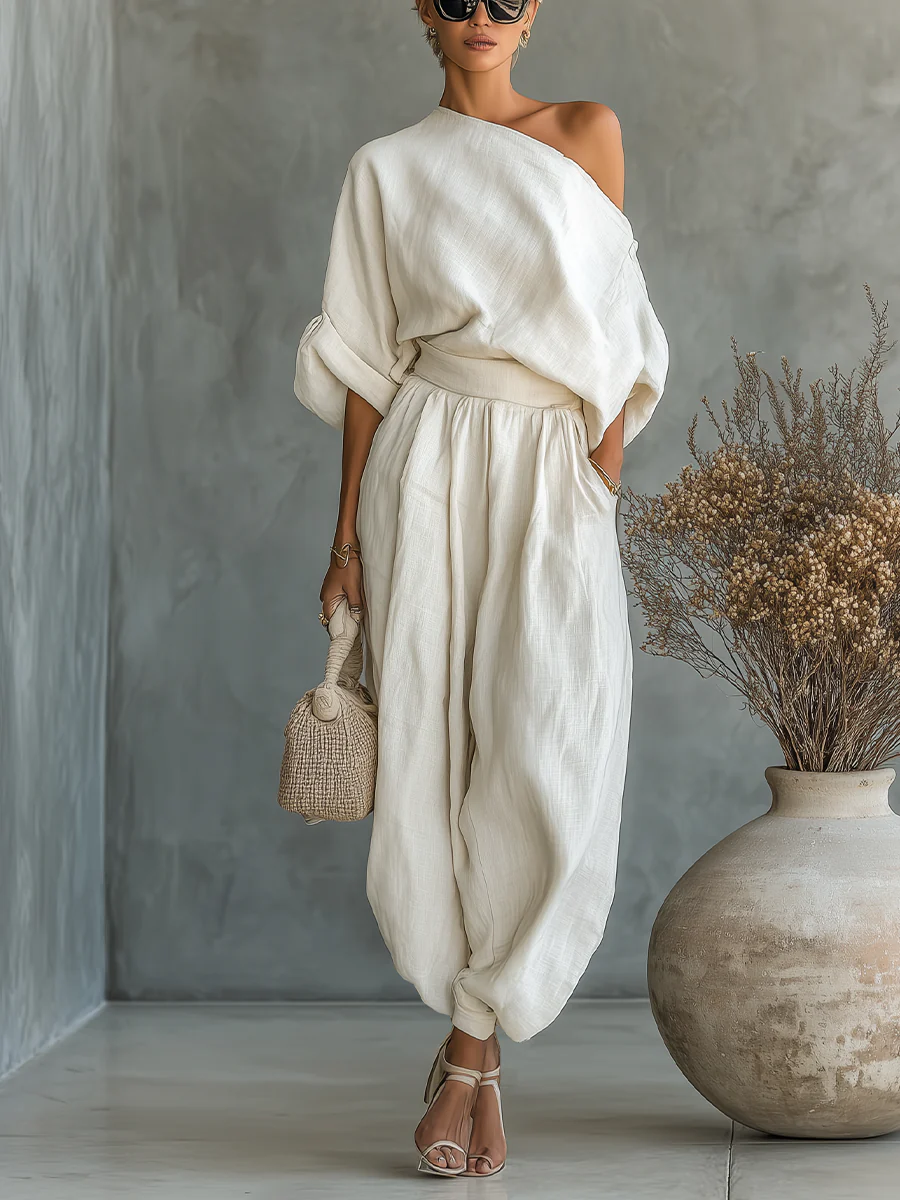 Relaxed Fit Linen Set Asymmetrical Shoulder Detail