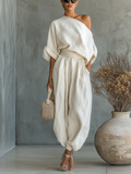 Relaxed Fit Linen Set Asymmetrical Shoulder Detail