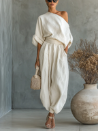 Relaxed Fit Linen Set Asymmetrical Shoulder Detail