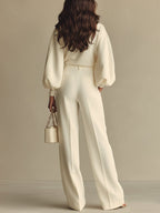 Isa | Ivory Crew Neck Top And High-Waisted Wide-Leg Trousers Set