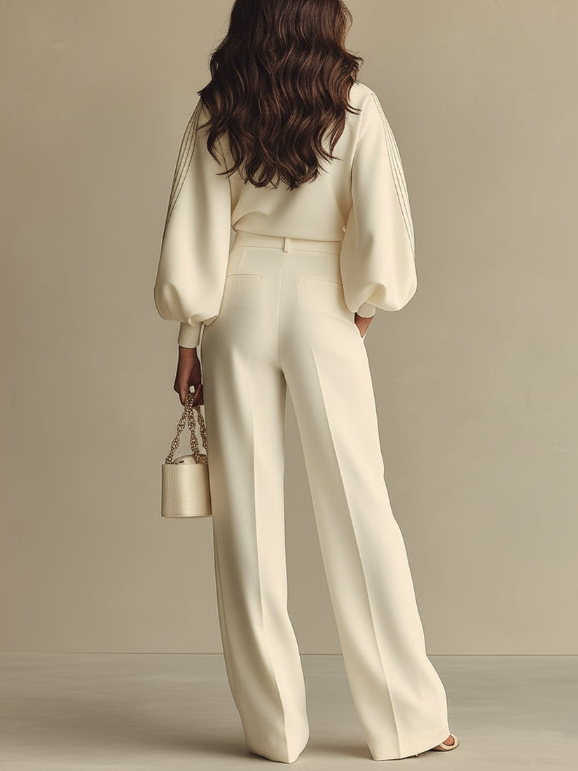 Isa | Ivory Crew Neck Top And High-Waisted Wide-Leg Trousers Set