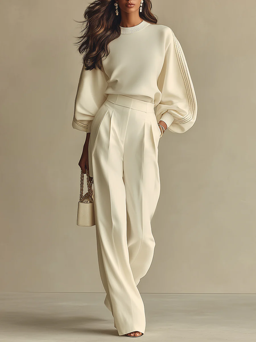 Isa | Ivory Crew Neck Top And High-Waisted Wide-Leg Trousers Set