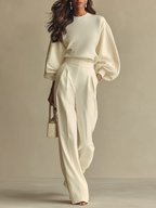 Isa | Ivory Crew Neck Top And High-Waisted Wide-Leg Trousers Set