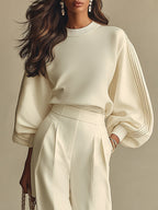 Isa | Ivory Crew Neck Top And High-Waisted Wide-Leg Trousers Set