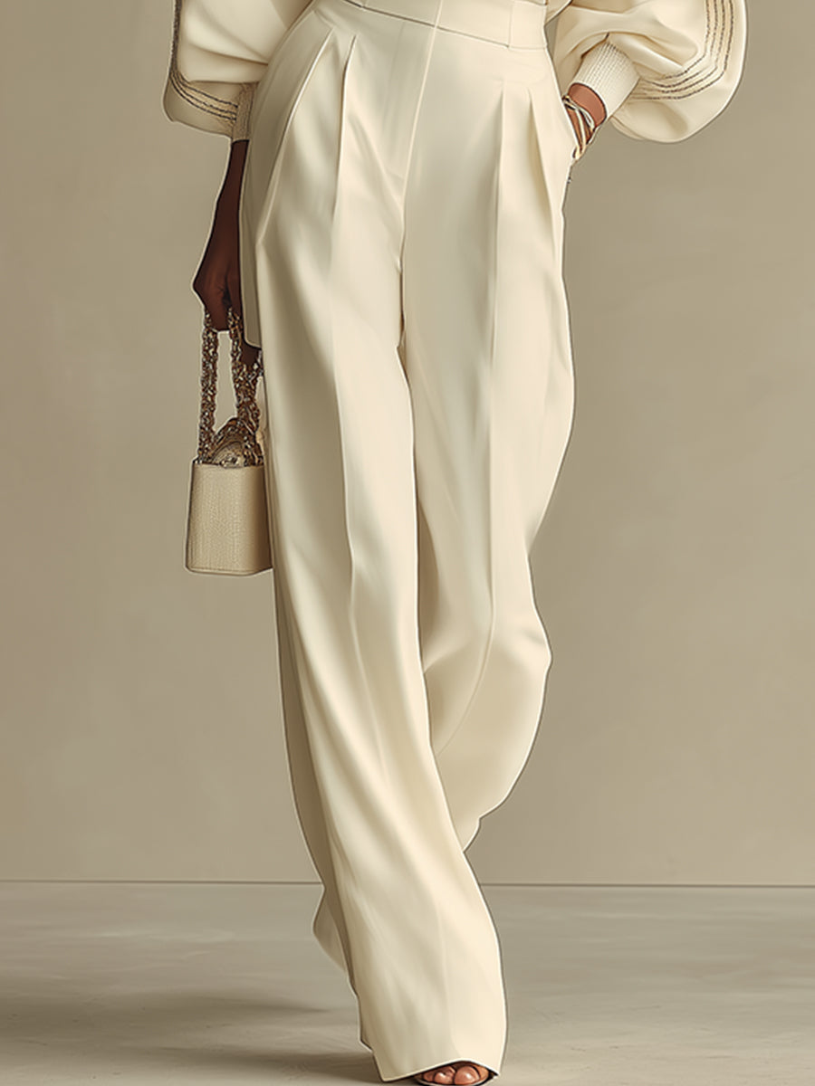 Isa | Ivory Crew Neck Top And High-Waisted Wide-Leg Trousers Set