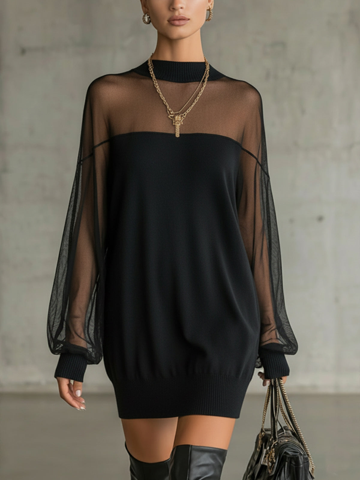 Daisy | Black Mesh Sleeve High-Neck Midi Dress