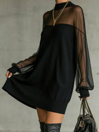 Daisy | Black Mesh Sleeve High-Neck Midi Dress