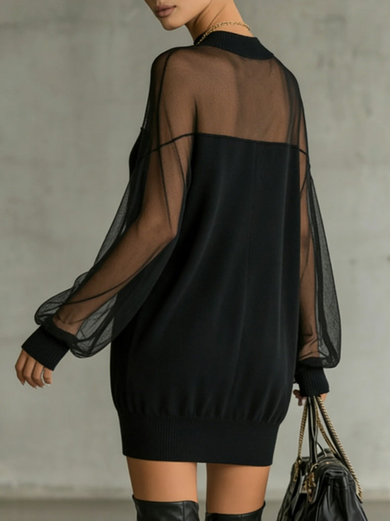 Daisy | Black Mesh Sleeve High-Neck Midi Dress