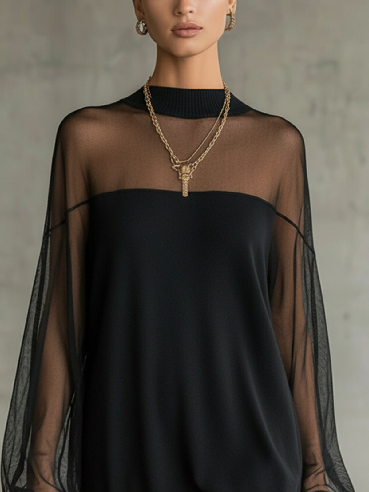 Daisy | Black Mesh Sleeve High-Neck Midi Dress
