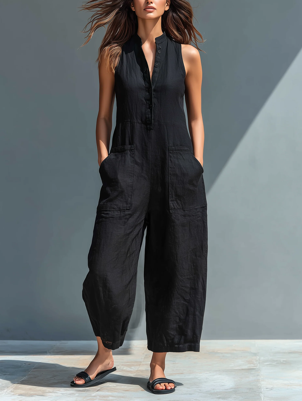 Black Sleeveless Jumpsuit Lightweight Faux Linen Relaxed Fit