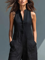 Black Sleeveless Jumpsuit Lightweight Faux Linen Relaxed Fit