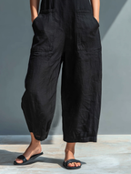 Black Sleeveless Jumpsuit Lightweight Faux Linen Relaxed Fit