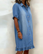 Relaxed Fit Denim Dress Knee Length Ruffled Sleeves