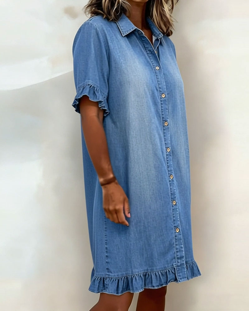 Relaxed Fit Denim Dress Knee Length Ruffled Sleeves