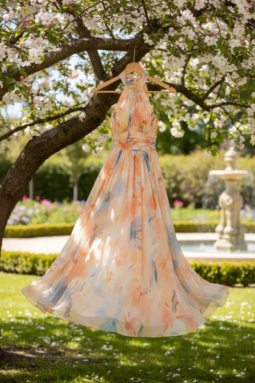 Lightweight Halter Neck Dress Floral Pattern Elegant
