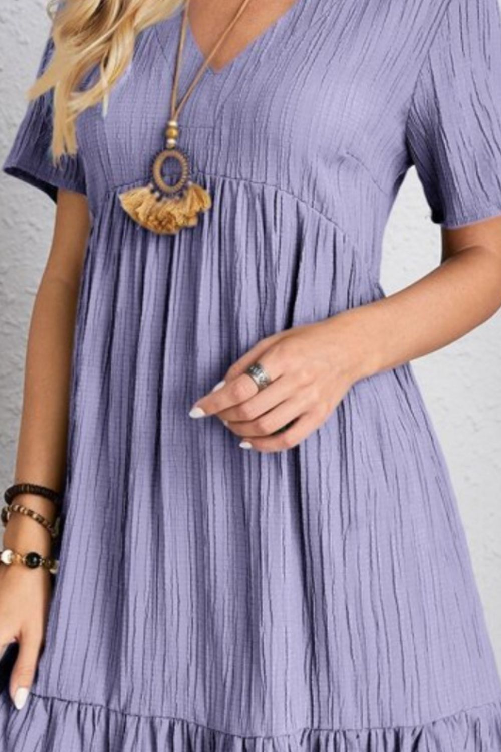 Lightweight V Neck Short Sleeve A Line Dress
