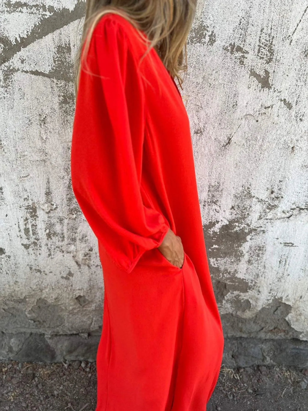 Loose Fit V Neck Balloon Sleeve Ankle Dress