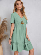 Lightweight V Neck Short Sleeve A Line Dress