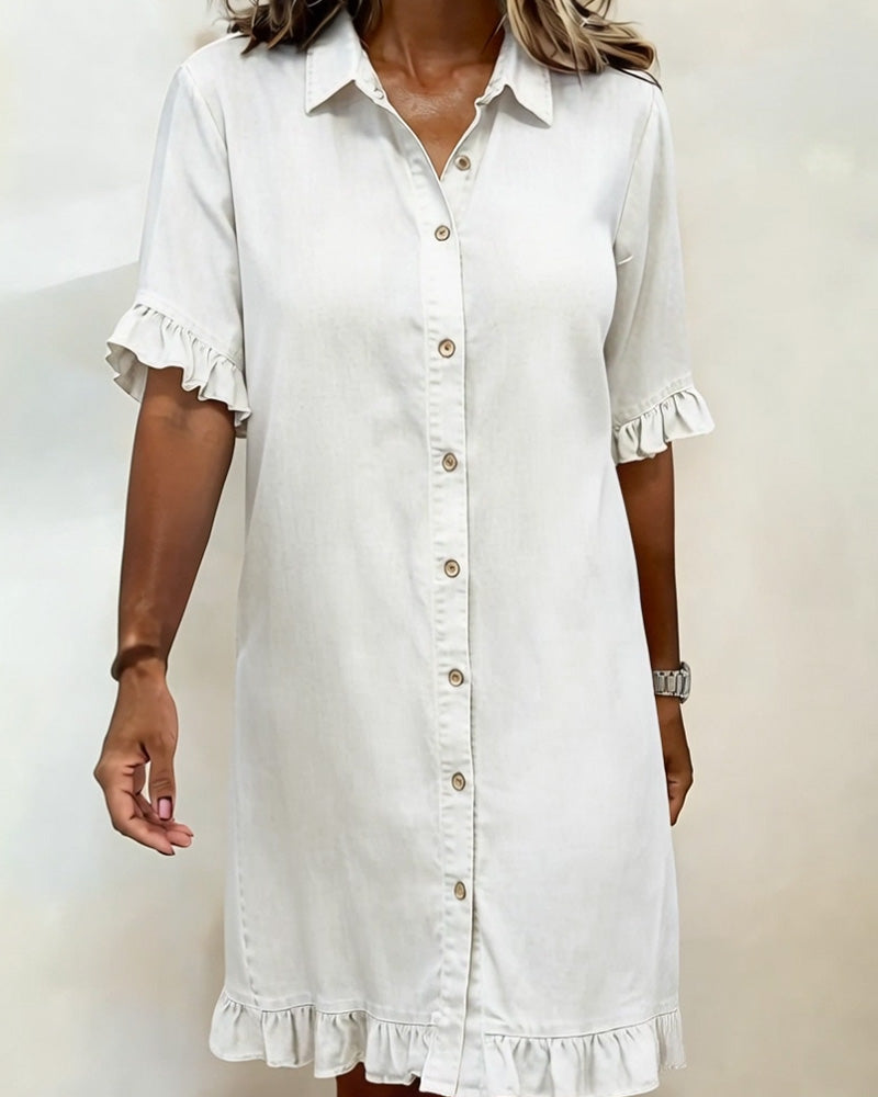 Relaxed Fit Denim Dress Knee Length Ruffled Sleeves